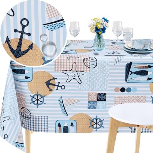 KP HOME Premium Maritim Abwischbare Tischdecke – Rechteckige 200 x 140 cm wasserdichte PVC Tischdecke – Blau Kunststoff Wachstuchtischdecke – Wachstuch für Küche, Esszimmer und Außenbereich