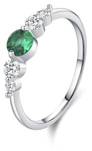 Verlobungsring Damen Dünn, Eheringe Deko Hochzeit Eleganter 2 Zackiger Runder Lab-Smaragd 0,25 Ct und Moissanit