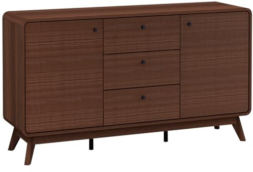 Cassie Sideboard Walnussoptik, 140 x 39 x 75 cm, Sideboard mit 3 Schubladen und 2 Türen, Aufbewahrungsschrank aus Holzwerkstoff mit verstellbarem Einlegeboden für Wohnzimmer und Esszimmer