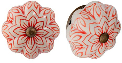 Nicola Spring Ceramic Cupboard Drawer Handle Knobs - Vintage Flower Design - Red - Pack of 12