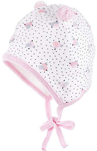 Maximo Baby-Mädchen Nicki-Mütze Ecru-rosa mit 2 kleinen Bommeln, Vögelchen, Gr. 43 (43)