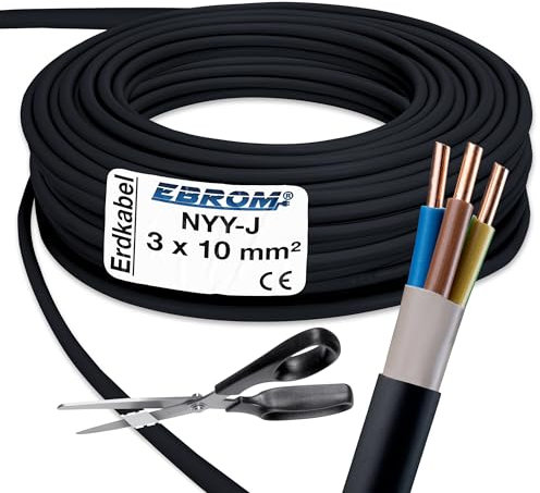 EBROM NYY-J power cable, 3 x 10 mm², earth cable, NYY-J 3 x 10 mm², black, sold by the metre exact by the metre: selection in increments of 5 m, from 5 m, 3 x 10 mm²