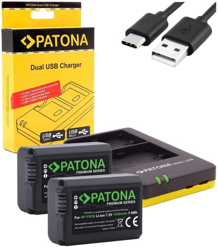 PATONA USB-C Caricatore doppio con 2x NP-FW50 Premium Batteria NP-FW50 compatibile con Sony RX1R III DSC-RX1RM3 DSC-RX10 Mark II III IV Alpha A7 A7S A7R A7II A5000 A6000 A6300 A6400 A6500 NEX 3 5 6
