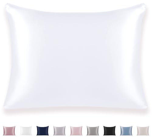 Texbee Silk Pillowcase, 22 Momme Mulberry Silk Pillowcases for Hair and Skin Health, Soft Smooth Breathable Cool Pure Pillow Case for Beauty Sleep, with Gift Box, 1pc (Queen 50x75CM, Pure White)