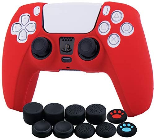YoRHa Silicone Cover Skin Case for PS5 Dualsense Controller x 1(Red) with Thumb Grips x 10
