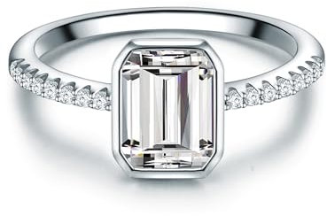 Trilani Damen Solitärring aus 925/- Sterling Silber mit Zirkonia Smaragd-Schliff Silberring Damenring mit Stein Rechteckig