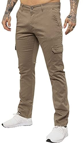 Ze ENZO Jeans Mens Cargo Combat Trousers Chinos Slim Fit Cotton Stretch Work Pants Beige 34R