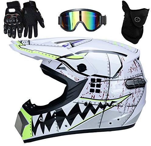 UIGJIOG Casque Moto Enfant, Casque de Cross pour Enfant, avec Goggle/Gants/Masque, D. O. T Standard, pour BMX MTB Quad Enduro ATV Scooter, B, L (56~57cm)