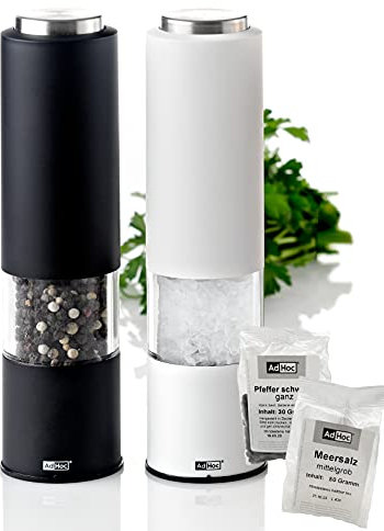 AdHoc elektrische Salz- und Pfeffermühlen TROPICA im 2er-Set – Schwarz & Weiß | Hochwertiges Keramikmahlwerk | Einstellbar von fein bis grob | Mit LED-Beleuchtung & Aromaschutzkappe