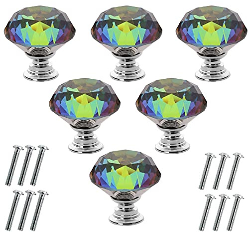 Akstore Schrankknäufe aus Kristallglas, 30 mm, Diamantform, für Schublade, Küchenschränke, Kommoden, Kleiderschrank, 30 mm, bunt, 6 Stück