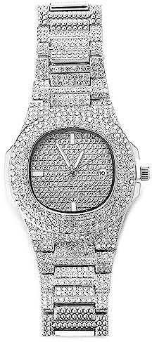 Halukakah Diamant Golduhr Iced Out, Männer Platin Weißgold Plattiert Quarz Armband 24cm Ovales Zifferblatt, Kommt mit Geschenkbox