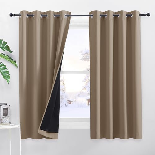 PONY DANCE 100% Blickdichte Vorhänge Wärmeschutz 2er Set Thermovorhang mit Ösen Verdunkelnde Gardinen Wohnzimmer Modern Kurz Doppellagige Verdunkelungsvorhänge, H 160 x B 140 cm, Cappuccino
