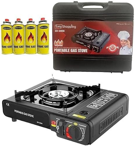 220g Butane Gas Canisters and Portable Camping Gas Cooker - Single Burner Butane BBQ Caravan Outdoor Party Stove with Carry Case (Stove + 4 x Canisters)