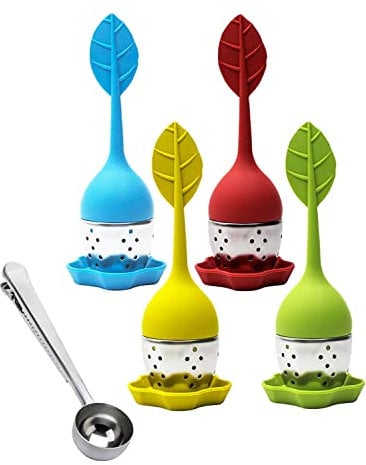 Infusor de té 4x Filtro Té Colador Te de Acero Inoxidable y Silicona alimentaria libre de BPA para hojas sueltas té, Cuchara con Clip de Acero Inoxidable
