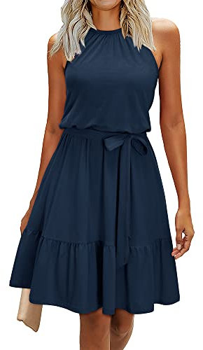Newshows Summer Dresses for Women UK Halter Neck Dress Ladies Floral Beach Dress for Holiday Vacation(Navy, Small)