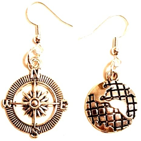 Mismatched Traveller's Globe & Compass Earrings on Sterling Silver Hooks, Holiday, Cabin Crew Jewellery, Dangle Earrings