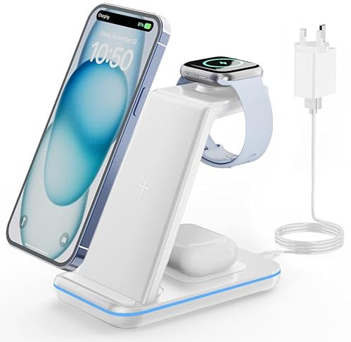 GEEKERA Wireless Charger Stand, 3 in 1 Wireless Charging Station for iPhone 16/15/14/13/12/11/Pro Max/XS/XR/X/8, Fast Charging Stand for Apple Watch 2-Ultra, Docking Station for AirPod 4/Pro/3/2-White