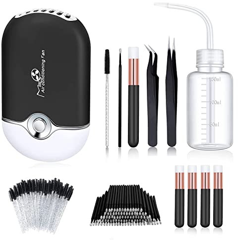 Aussido 159 PCS Eyelash Fan Set Lash Fan for Eyelash Extension Dryer, Lash Shampoo Brushes,Plastic Wash Squeeze Bottle,Disposable Eyelash Mascara Brushes, Micro Applicator Brushes and Tweezers Black