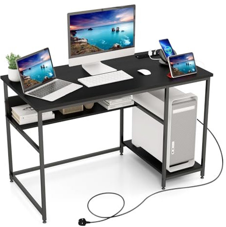 COSTWAY Computer Desk, 120CM Study Table Writing Workstation with Storage Shelf and CPU Stand, Wooden PC Laptop Table Gaming Working Desk for Home Office Bedroom, 120 x 60 x 75cm (Black)