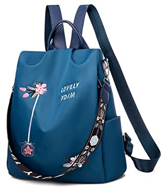 NICOLE & DORIS Damen Anti Diebstahl Rucksack Mode Cityrucksack - Schulrucksack Reise mit Stickerei Blume Blau