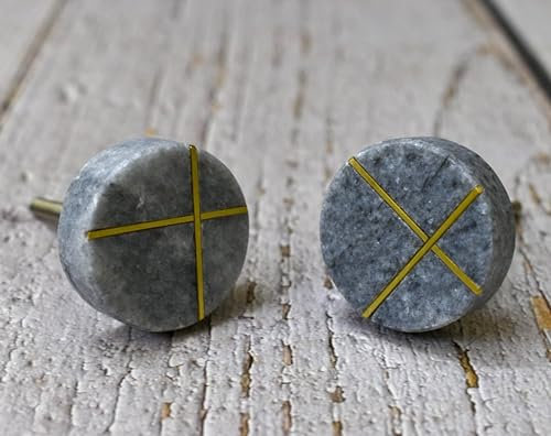 ARTISNO Runder Stein Messing Knauf | Zuggriff | Schubladenknauf | Möbelknopf | Schrankknopf | Gold | Naturstein | Messinggriff (grau_61) SET-6