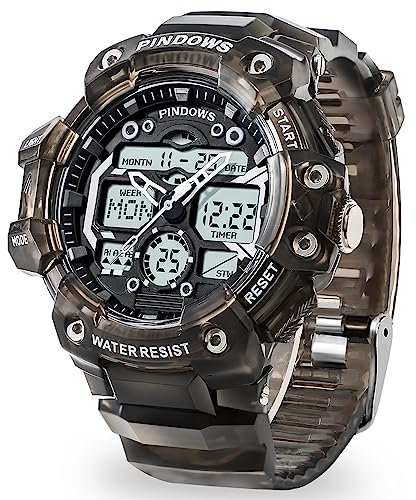 PINIDOUS Digitale Herren-Sportuhr, 7 Farben, LED-Licht, großes analoges Digitaldisplay, wasserdicht mit 3 Alarmen/Countdown/Stoppuhr/Dual-Time-Multifunktions-Armbanduhr, Transparent-Schwarz, Militär