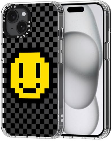 MOSNOVO für iPhone 15 Hülle – Durchsichtige, schlanke, stoßfeste TPU+PC-Handyhülle, [6,6 Fuß Fallschutz/Anti-Abziehen] - Karo mit Lächeln