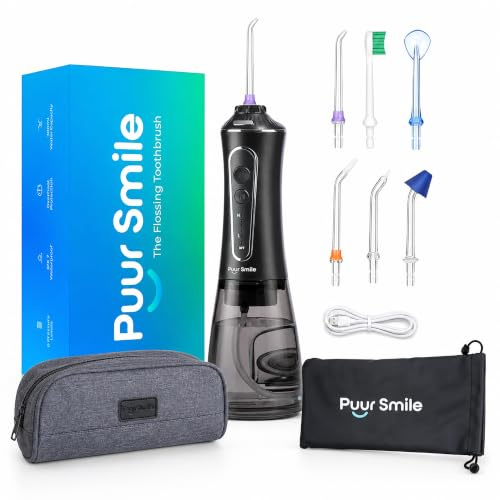 Puur Smile Professional Water Flosser - Advanced Dental Care for a Healthier Mouth, Gum, and Teeth - IPX7 Waterproof Oral Irrigator | 6 Replacement Tips, Travel-Friendly, Rechargeable - Oral Hygiene