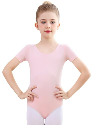 Monbessi Ballettanzug Mädchen Kurzarm - (Gr.100-150) - Tanzbody Gymnastikanzug, Baumwolle Ballettbody Kinder Ballett Trikot (130, Rosa)