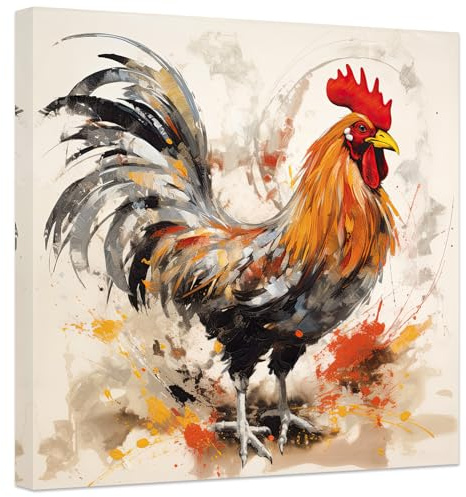 ZXHYWYM Küche Hahn Leinwand Bilder Bauernhof Huhn Bilder Drucke Land Vintage Tier Kunstwerk Bauernhaus Dekor Gerahmt (Bild-1, (30.00 x 30.00 cms))