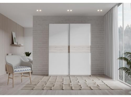 Forte RONDINO Schrank 170, Kleiderschrank, Schwebetürenschrank Skandinavisch Landhausstil Schlafzimmer 2-türig, Holzdekor: Sandeiche/Weiß Hochglanz, 170 cm breit x 210 cm hoch x 61 cm tief