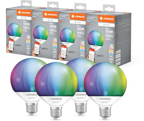 LEDVANCE SMART+ MATTER LED-Lampe, kompatibel mit Google, Alexa, Apple, weiße Frost-Optik, 14W, 1521lm, E27, Farblicht & Weißlicht, App- oder Sprachsteuerung, bis zu 20.000 Std. Lebensdauer, 4-Pack
