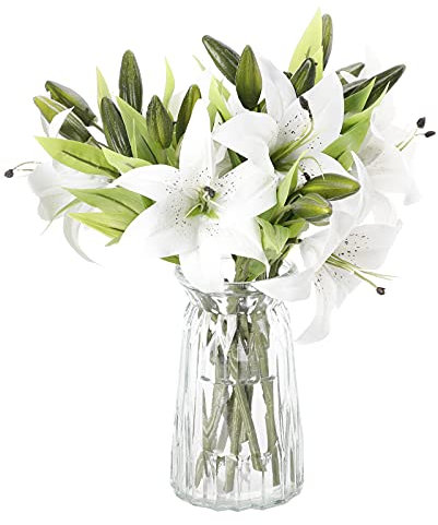 6 Flores de Lirios Artificiales, Ramo de Flores de Lirios Artificiales de Tallo Largo, Flor de Lirio Falsa, Flores Artificiales a Granel para el Hogar, Mesa, Boda, Decoración de Banquetes(Blanco)
