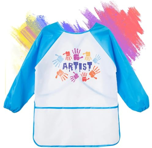 WKRTDY Malschürze Kinder, Malkittel Kinder Wasserdicht Kinder malschürze 2-8 Jahre Mädchen/Junge, Bastelschürze Malerkittel für Kinder mit 3 Taschen für Malerei,Kochen, Laboraktivität