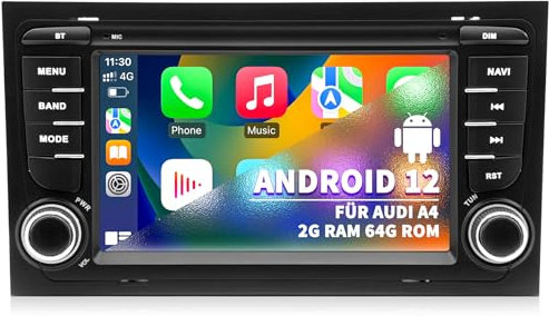 Autoradio für Audi A4 S4 B6 B7 RS4, Android 12 System 2G+64G, 7 Zoll IPS Touchscreen, Unterstützt GPS Navigation Kabelloses Carplay Android Auto WiFi Bluetooth RDS FM Radio Lenkradsteuerung