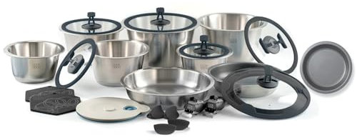 cookvision Komplett-Topf-Set 24-tlg. mit Pfannen, 6x Edelstahltöpfe für alle Herdarten, 5x Glasdeckel, 3x Pfannen, 2x Griffe, platzsparend, innovatives Zubehör (Schwarz)