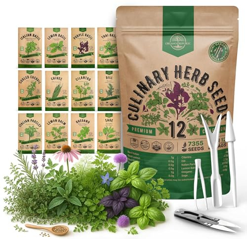 Organo Republic 12 Culinary Herbs Seeds Variety Pack - 7,355+ Heirloom, Non-GMO, Herbs Seeds for Outdoor and Indoor Home Gardening, Including Basil, Cilantro, Chives, Dill, Parsley, Sage