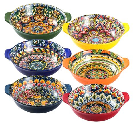 Henten Home Schalensets mit Griffen, Salatteller Servierteller 6er Set, 520ml Keramik Pastateller für Pasta Salat Obst, Bunt Schalen - Böhmischer Stil