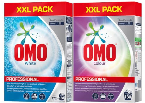 OMO Professional Pulver SET 2 x 130 Walschladungen (390 WL) 1 x Color & 1 x White Vollwaschmittel, Waschpulver-Set, Großpackung, bei hartnäckigen Flecken,Gastro, Wäscherei, Thai-Massage, Praxisbedarf