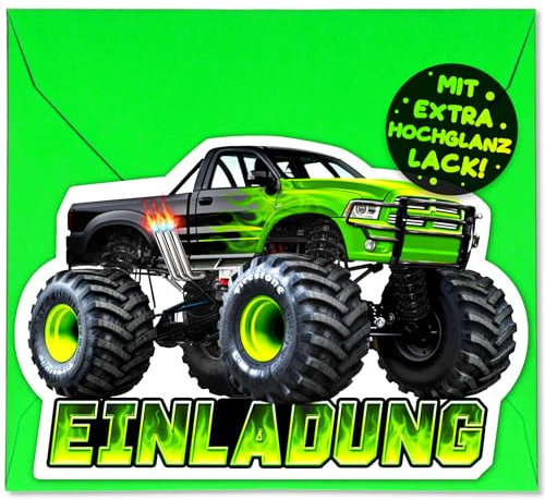 12x Monstertruck EINLADUNGSKARTEN KINDERGEBURTSTAG Junge Mädchen + 12x Umschläge - die Monster Truck PARTY Karten sind die Monstertruck EINLADUNG für Jungen Kinder GEBURTSTAG Auto GO-KART Spielzeug