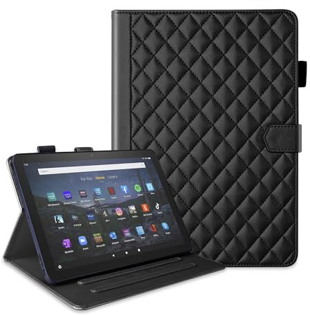 Mldjomid Custodia Smart Tablet per Amazon Fire HD 10 Plus/HD 10 (11a/13a Gen 2021/2023) Custodia Flip in Pelle PU con Slot per Scheda Cavalletto Cover Protettiva Magnetica per Tablet -Rombico Nero