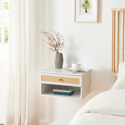 [en.casa] Wandregal Eiker Schweberegal Hängeregal mit Schublade Nachttisch hängend schwimmendes Regal Wandboard schwebende Nachtkommode Nachtschrank Nachtkonsole 40 x 32 x 23 cm Weiß/Rattanoptik