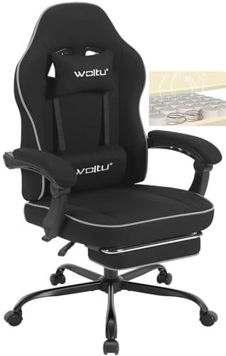 WOLTU Gaming Stuhl Stoff mit Bequemlichkeit Federunterlage, Kühl im Sommer, Gamer Chair Sessel Hohe Belastbarkeit ergonomischer mit Kopfkissen, Lendenkissen, Fußstütze, Netzstoff, Schwarz, GS11sz