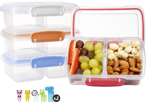 Greentainer Plastic Snack Containers for Kids, 4 Pack Bento Boxs with 2 Compartments Travel Snack Container Sandwiches/Fruits/Candies Food Storage Containers BPA Free Dishwasher Safe-Blue