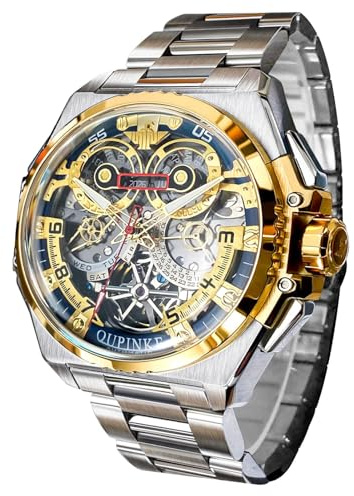 OUPINKE Armbanduhr für Herren, automatische Armbanduhr, 3D-Zifferblatt mit 5 ATM wasserdicht, leuchtender Kalender, Skelett-Uhren, Saphirglas, Wolframstahl-Armband, Goldfarben/Blau, Modern