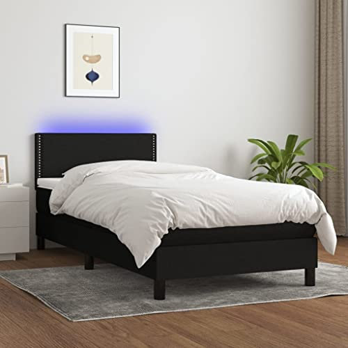 Willood Boxspringbett mit Matratze Bett Kopfteil LED, Einzelbett Bettgestell mit Lattenrost, Polsterbett Bettrahmen Schwarz 100x200 cm Stoff Flach mit Nägeln
