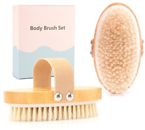 FREATECH 2 Lot Brosse Corps a Sec avec Poils Naturels Rigides pour Eliminent Cellulite, Dry Brush pour Améliorent la Circulation Sanguine et Drainage Lymphatique pour Peau Impeccable