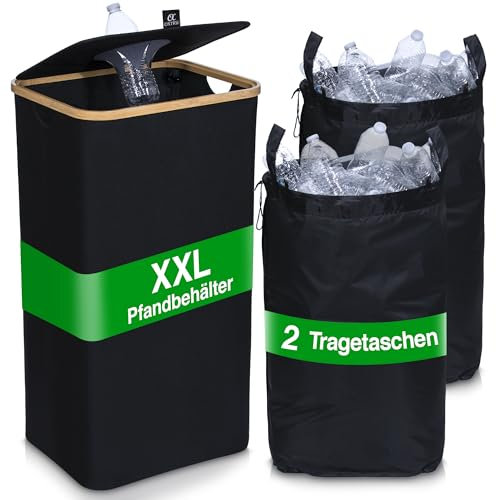 OXIRU® XXL Pfandflaschen Sammelbehälter mit Deckel – Faltbarer Pfandbehälter & 2 wasserdichten Flaschentaschen – Geruchsdichter Leergut Sammelbehälter für Aufbewahrung, Abfall & Recycling in Schwarz
