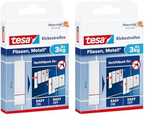 tesa Powerstrips Klebestreifen für Fliesen und Metall 3 kg - Doppelseitige Streifen für feste, glatte Flächen - Bis zu 3 kg Halteleistung pro Streifen - 6 Stück (Packung mit 2)