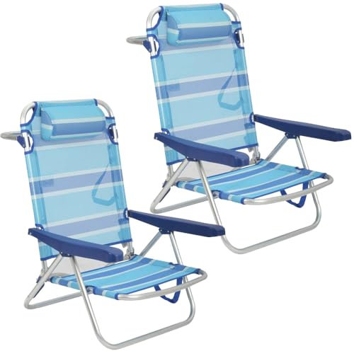 Creaciones Llopis Pack 2 Sillas Playa Plegables con Cojín Reposacabezas 80 x 48,5 x 66 cm. Reclinable Tumbona 114 cm. Largo. (Rayas Azules)